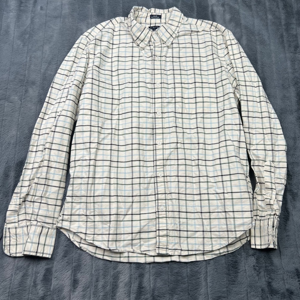 J.Crew Flex Oxford Slim Untucked Shirt Mens Large Cream Green Blue Plaid 13965